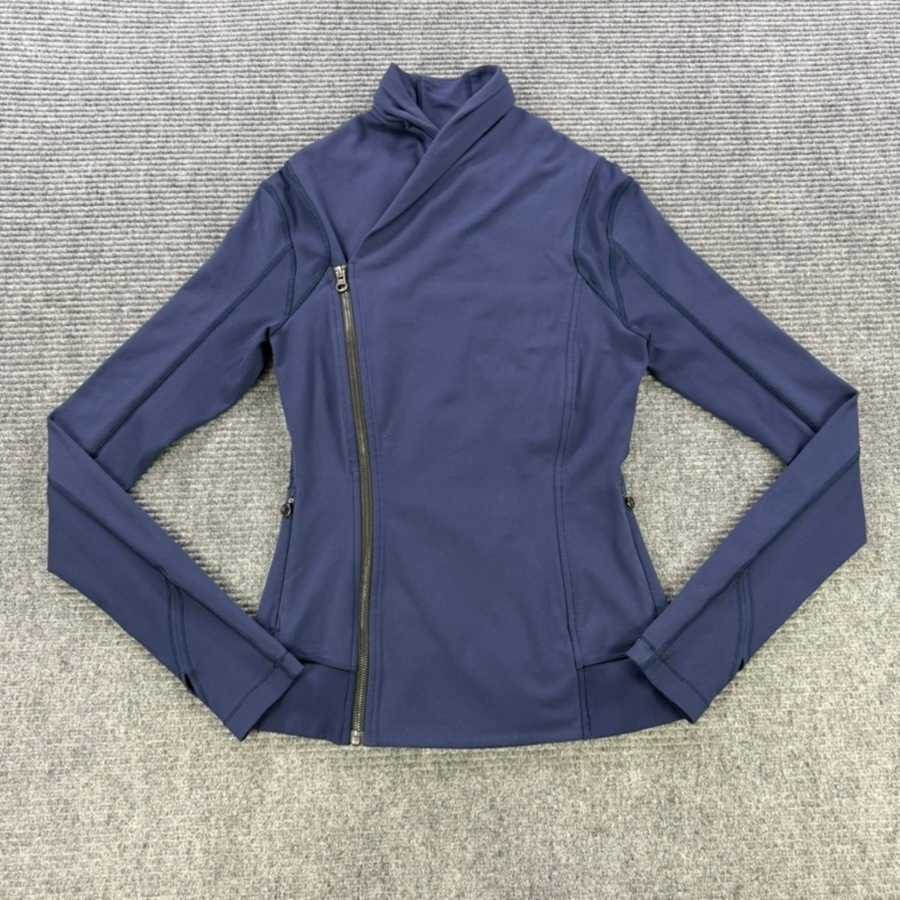 Lululemon Asymmetric Full Zip Jacket Navy Funnel Neck Thumbholes Womens 4 READ‎